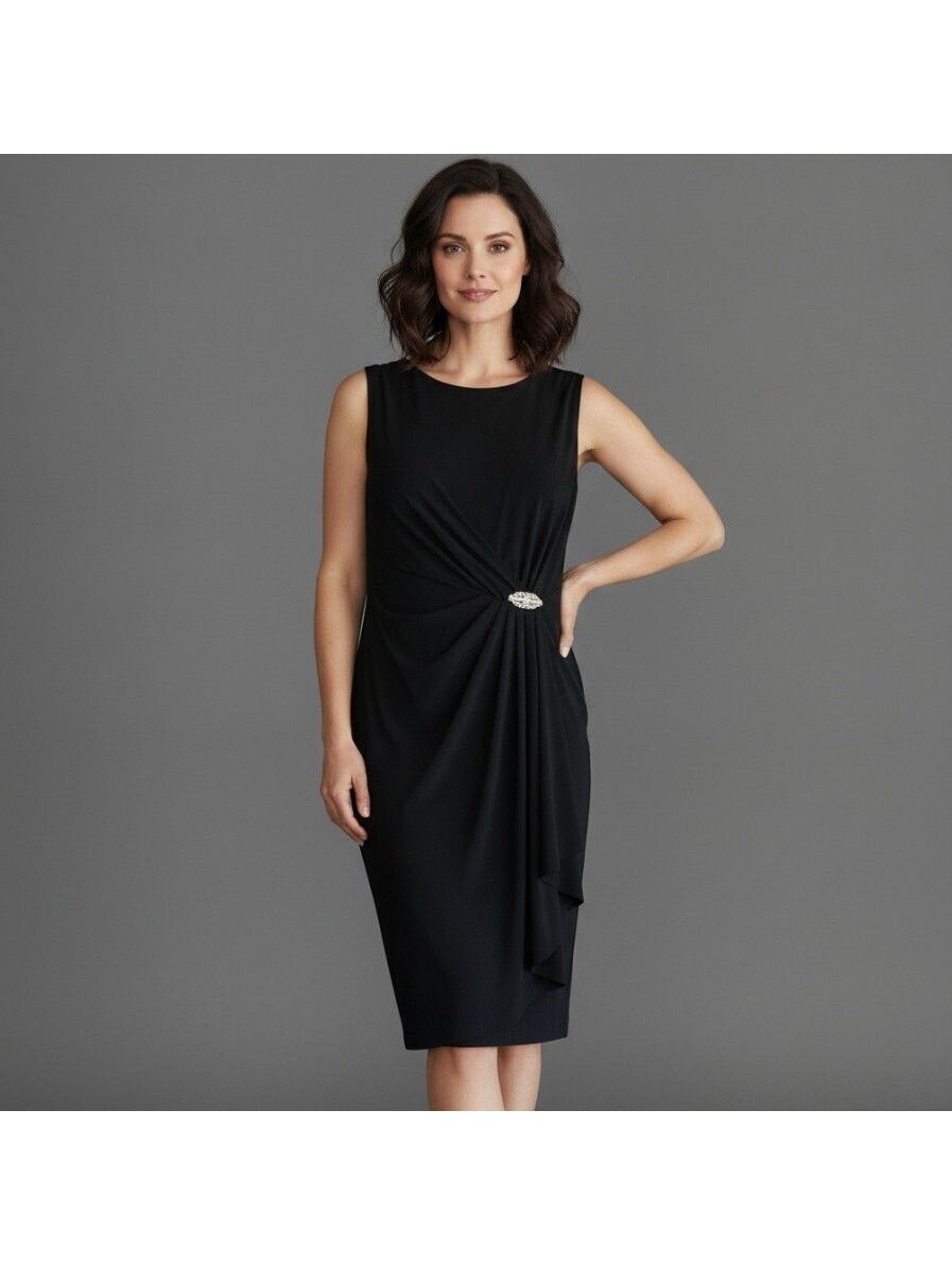 Coldwater Creek Black Draped Midi Dress Rhinestone Brooch Size S Formal